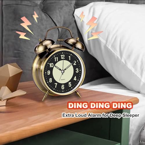 Image of Azyh Loud Alarm Clock for Heavy Sleeper, 4 Inches Twin Bell Battery Operated Metal Alarm Clocks with Night Light for Bedrooms, Retro Analog Alarm Clock for Adults, Silent Non-Ticking (Bronze)