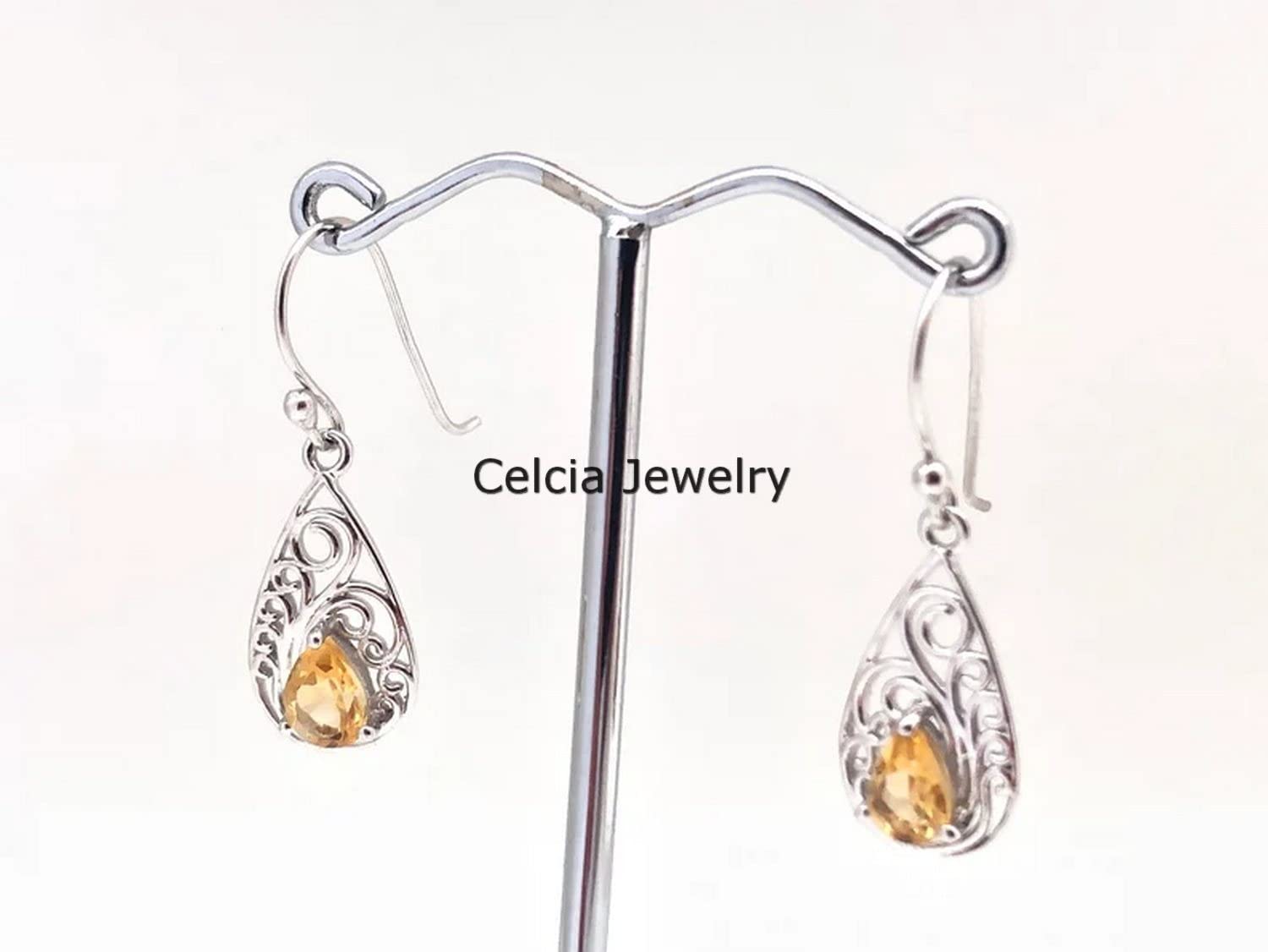 Pendientes colgantes de lágrima colgantes de plata de ley 925 maciza para mujer, pendientes únicos de piedra natal de noviembre con piedra preciosa de pera facetada de citrino natural