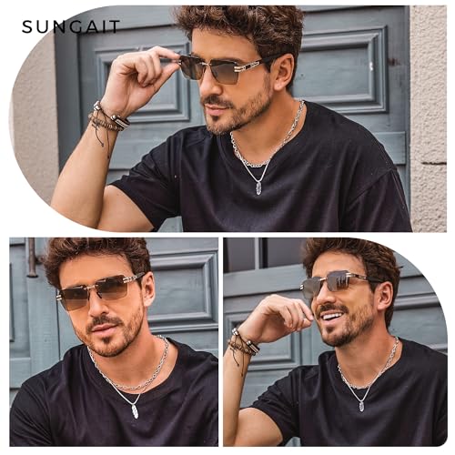Image of SUNGAIT Rimless Rectangle Sunglasses Square Frameless Shades for Men Women Y2K Vintage UV Protection