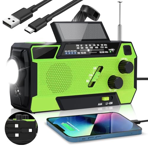 Dj E Iluminación, Wireless Radio Meteorológica de Emergencia, NOAA/AM/FM con Batería Portátil de 4000mWh, Carga USB/Solar/Manivela, Funciona con Pilas, Alarma SOS y Linterna para...
