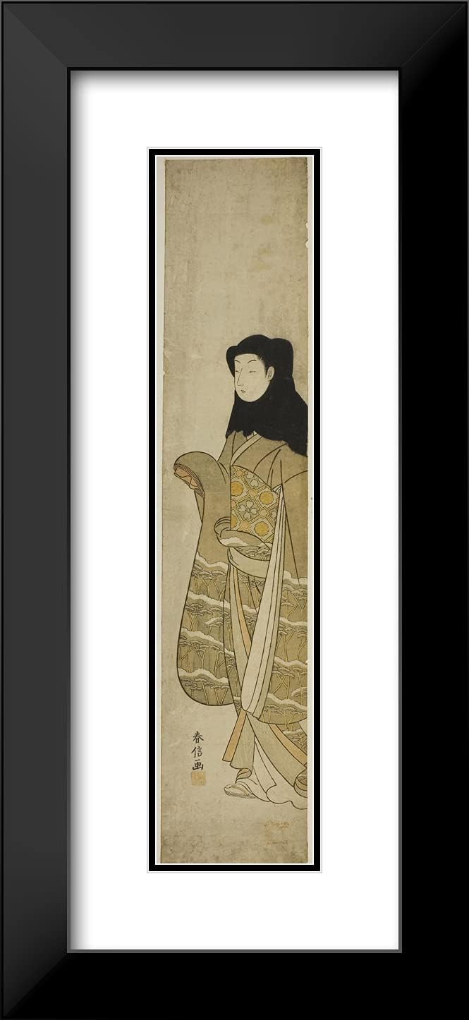 ArtDirect Suzuki Harunobu 12x24 Black Modern Framed and Double Matted Art Print Titled Woman Wearing Black Hood