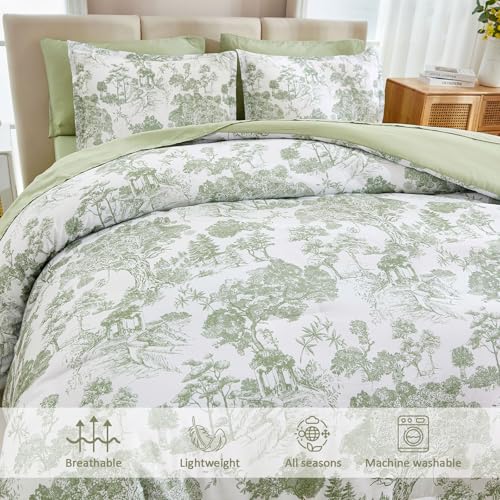 Image of DJY Full Size Comforter Sets, Sage Green 7 Pieces Bed in a Bag Full Botanical Comforters with Sheets Elegant Plants Print Soft Microfiber Reversible Complete Bedding Sets for All Season