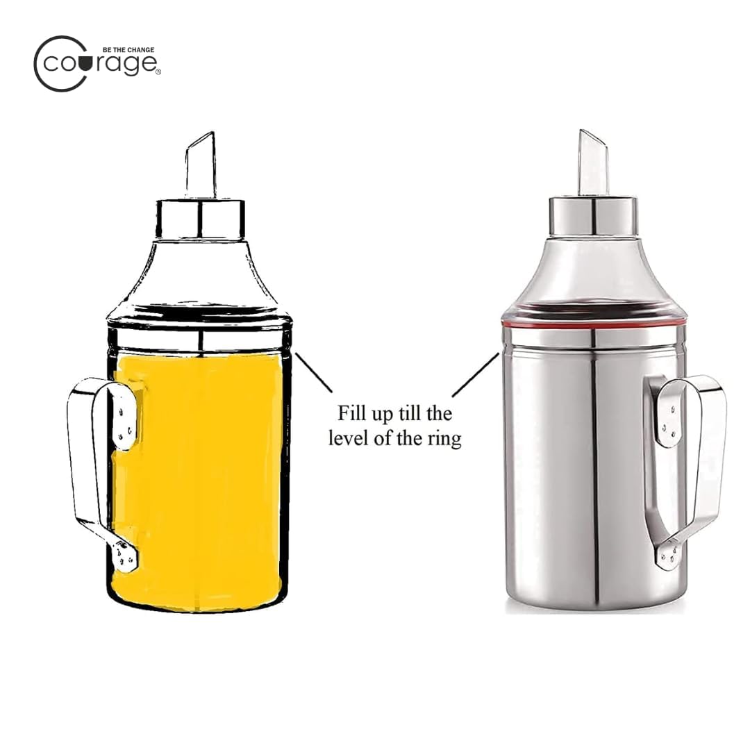 COURAGE ; BE THE CHANGE Dispensador de aceite de acero inoxidable, recipiente de aceite a prueba de fugas y sin BPA para aceites de cocina y vinagre, accesorio de cocina duradero para verter y