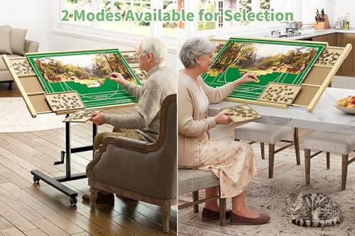 Image of CODACE Puzzle Table with Drawers - Puzzle Tables for Adults with Drawers, Hand-Cranked Height-Adjustable Puzzle Tables with Leg, Tilting Puzzle Board with 6 Tray and Cover, Present for Puzzles Lover