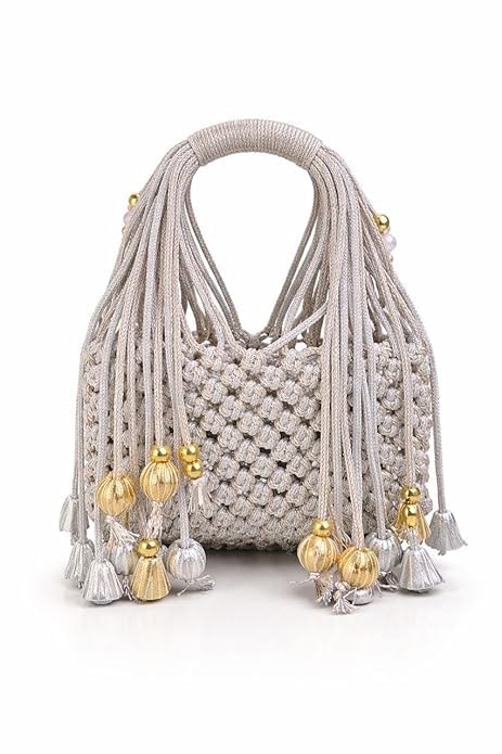 Elegant Macrame Potli Bag for Women | Handmade Designer Clutch Purse with Tassel Detailing | Party & Wedding Bag-image-22