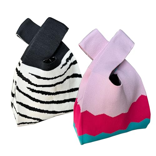 Image of Knot Bag, Mini Knit Tote Bag, Extra Thickened Japanese Knot Bag, Wristlet Handbag, Aesthetic Crochet - 2Pcs White Speckle & Pink Wave(Very Small)