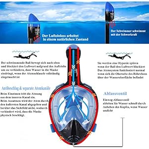 Lypumso Schnorchelmaske Vollmaske, Tauchmaske Vollgesichtsmaske mit 180° Sichtfeld und Kamerahaltung, Anti-Fog Anti-Leck Schnorcheln Sichere Gute Abdichtung für Kinder und Erwachsene (L/XL) 17 Schnorchelmasken 51fD Vnwl3L. SS300 🌊【Innovatives Atmungssystem】 Die Tauchmaske versiegelt oder öffnet den Ball auf der Oberseite des Rohrs automatisch durch Auftrieb und Schwerkraft. Der faltbare Schnorchel verhindert, dass während des Tauchens Meerwasser in die Maske eindringt, und versorgt Sie mit genügend Sauerstoff, damit Sie sicher und glücklich im Wasser schwimmen können
🌊【Hochwertiges Material】Schnorchelmaske besteht aus ultradickem Spiegelmaterial, um Tiefseewasserdruck zu widerstehen, sicher zu versiegeln und nicht zu knacken, Polycarbonat-Kunststoff kann Augen und Gesicht beim Tauchen effektiv schützen, lebensmitteltauglicher Silikonschutz gegen allergische Hautreizungen und andere Hautprobleme
🌊【Humanisiertes Design】Das 180 °Vollgesichtsdesign der Tauchmaske bietet Ihnen die beste Sicht während des Tauchens. Das Antibeschlagdesign der Tauchmaske ermöglicht es Ihnen, die Unterwasserwelt während des Tauchens klar zu sehen. Das auslaufsichere Silikondesign ermöglicht es Ihnen Sie müssen sich keine Sorgen über das Austreten von Meerwasser machen und können so ein komfortables und sicheres Erlebnis beim Schwimmen oder Tauchen gewährleisten