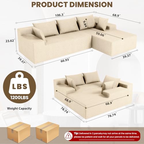 Image of LEVELEVE 107 inch Cloud Sectional Couch with Deep Seat，Modern Modular Sofa with L-Shape Chaise，No Assembly Required, Upholstered Couches for Living Room Bedroom(Beige,Right Facing Chaise)