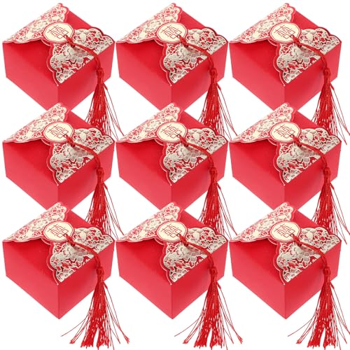 MUELODSIC 20 Boîtes à Dragées Asiatiques en Papier Rouge Design à Pompon, et Élégant pour Présents de Mariage et Fêtes