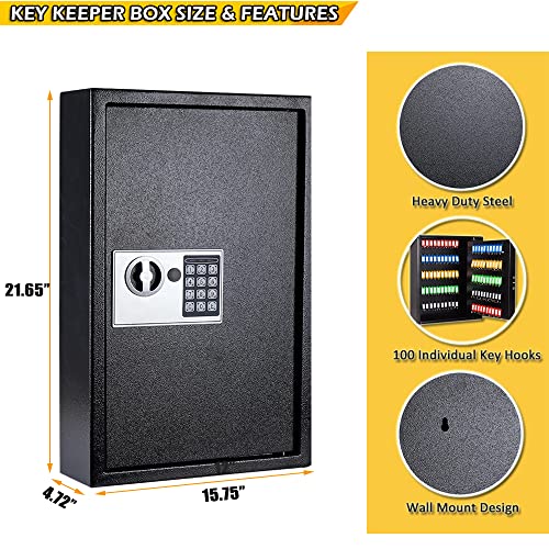 Furnishh Key Lock Box Wall Mount Metal 100 Position Digital Locking Key Cabinet Organizer Electronic Key Safe Storage Lockbox Holder For Valets, Hotels, Car And House Keys, Key Keeper Box With 100 Key Tags #TOP2