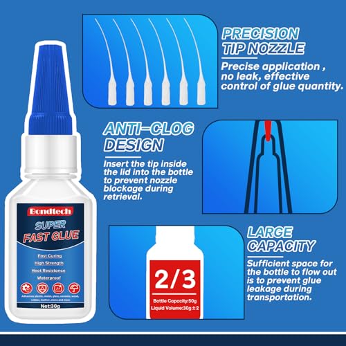 Bondtech TNEDF Super Glue 30G, Superglue All Purpose, Instant Glue With Anti-Clog Cap, Stronclear Superglue For Plastic, Glass, Ceramic, Metal, Wood, Diy, Precise Repair, Waterproof thumb #4