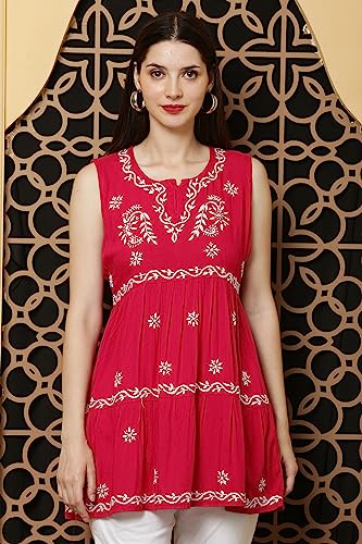 Image of FAWOMENT Women's Ethnic Fashionable Stylish Rayon Sleeveless 2 Layer Short Top With Fine Hand Embroidered Chikankari