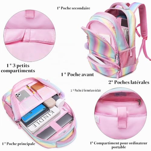A AM SeaBlue Sac à Dos Filles Multicolore Cartables École Primaire Sacs Scolaires + Trousses, Paillettes Sacs à Dos Enfant Rainbow Backpack Glitter – vue 2
