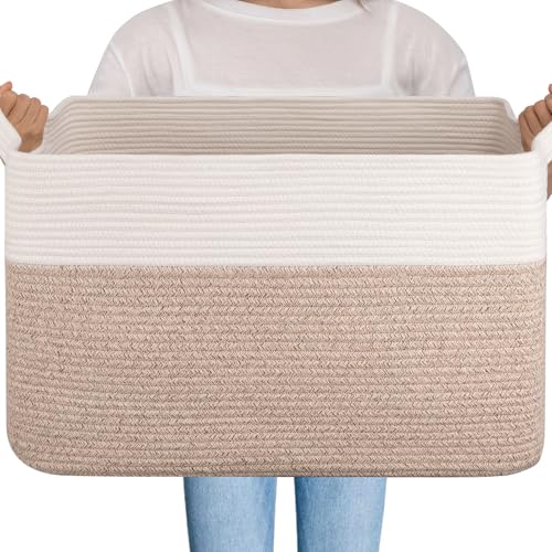 OIAHOMY 95L Blanket Basket, 24”x17”x14”, Large Woven Baskets for Storage, Nursery Cotton Rope Basket with Handle, Living Room, Nursery, Bedroom,Toy Baskets Organizer Bins, Brown and White