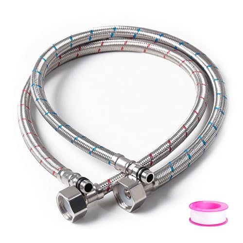 2 mangueras blindadas de 3/8 pulgadas, 60 cm de conexión, manguera blindada de acero inoxidable trenzado con cinta de sellado para grifo mezclador