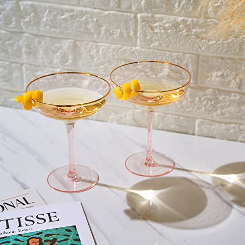 The Wine Savant Colored Blush Pink & Gilded Rim Coupe Glass, Large 9Oz Cocktail & Champagne Glasses 2-Set Vibrant Color Short Gold Vintage Tumblers, No Stem Margarita, Glassware Gift Idea (Coupe) #TOP4