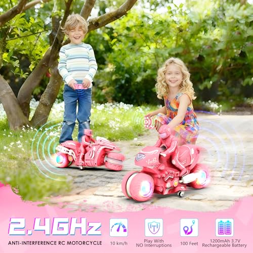 iappadore RC Motorcycle for Girls, Remote Control Car Toys with RGB Wheels Lights, 360° Rotations High Speed, Stunt Motocross with Rider, 2.4Ghz RC Dirt Bike for Kids Age 5-12 (Pink)