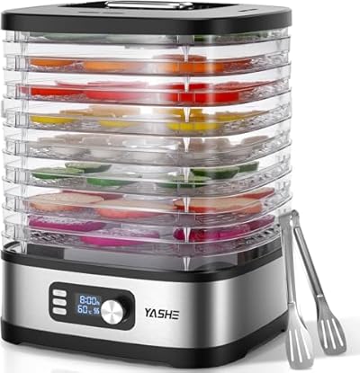 Foto di YASHE Essiccatore Alimentare 8 Vassoi, Tempo e Temperatura Regolabili 72H, Include Griglie a Rete, Vassoio per Rotoli di Frutta e Pinza Inox per Jerky, Frutta, Carne, Verdure, Erbe, Senza BPA