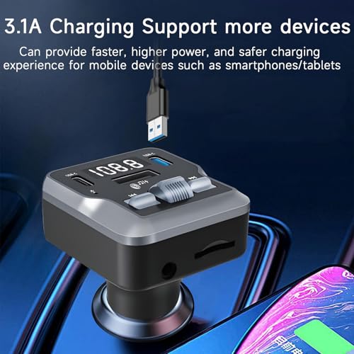 QUMOX Transmisor FM Bluetooth 5.3 para Coche C66 con Mando a Distancia, Reproducción AUX/USB/Tarjeta TF, Doble Puerto USB-C 3.1A Carga Rápida, Manos Libres - imagen 3