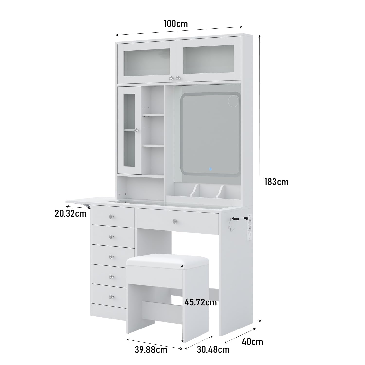 Yanosaku Tavolo da trucco con specchio, con illuminazione LED a tre colori regolabile e prese elettriche, 6 cassetti, 3 armadietti e 7 ripiani aperti, tavolo da trucco bianco con sgabello
