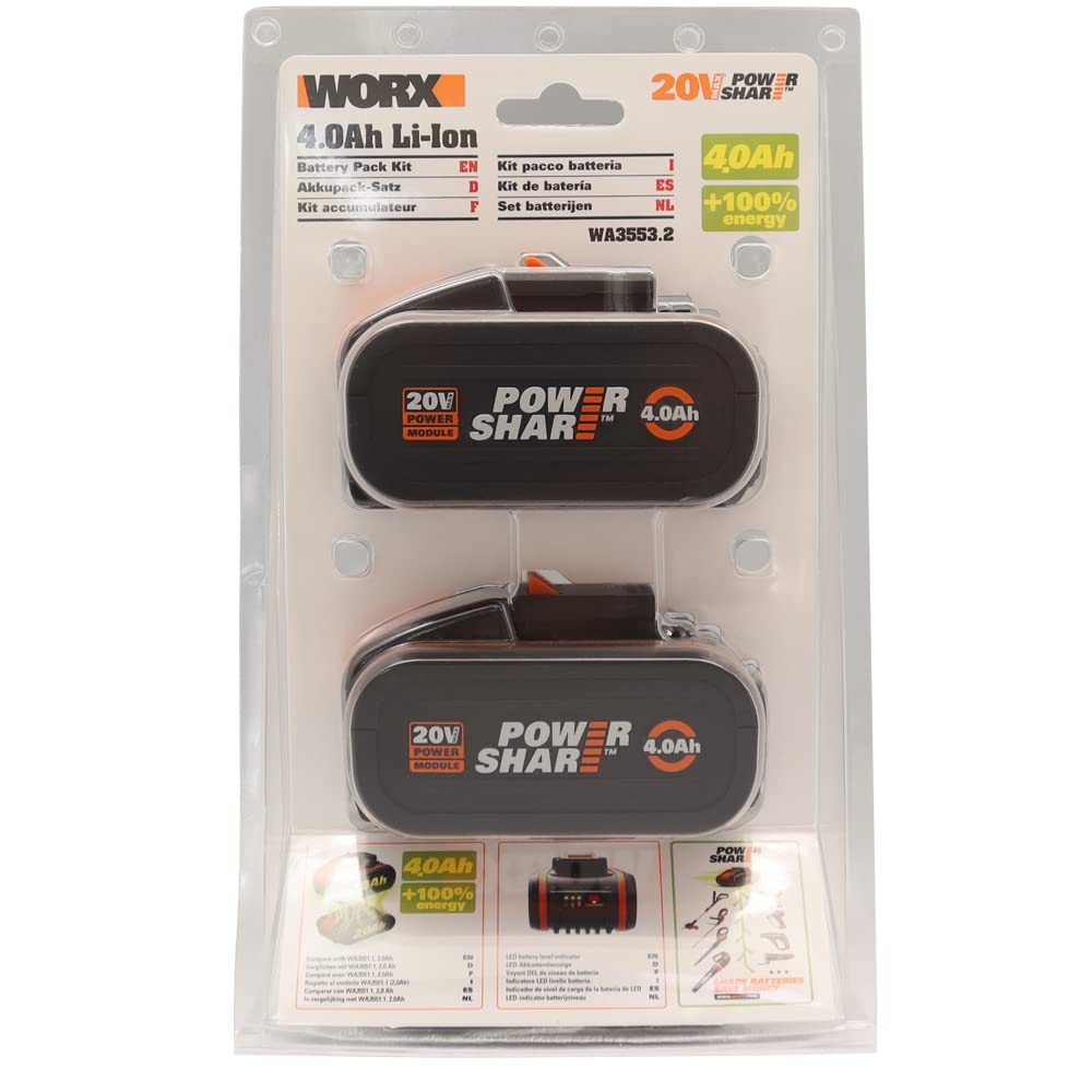 Worx WA3553.2 Zestaw Akumulatorów Litowo-Jonowych, 80 W, 20 V, Czarny/Żółty, 2 x 4000 mAh