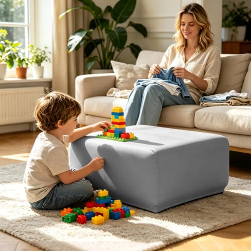 Image of YISUN Super Stretch Square Ottoman Cover - Soft Form Fit Ottoman Slipcover for Foot Stool & Folding Storage, Washable Furniture Protector with Non-Slip Elastic Bottom (L, Light Grey)