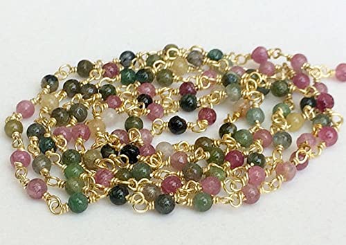 LKBEADS 5 Feet Multi Tourmaline Plain Round Beads Connector Chains in 925 Silver Gold Plate Wire Wrapped Rosary Style Chain