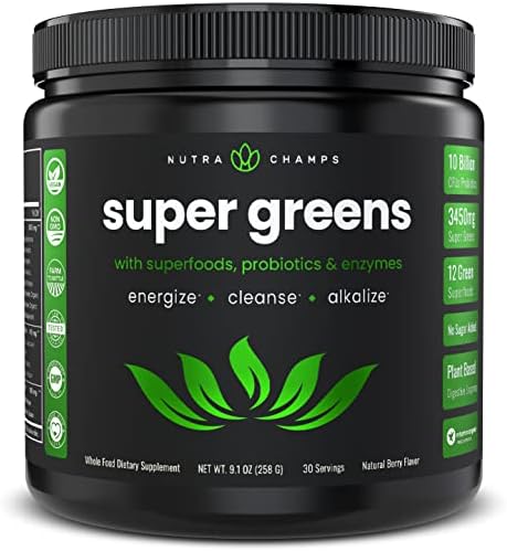 Super Greens Powder Premium Superfood | 20+ Organic Green Veggie Whole Foods | Wheat Grass, Spirulina, Chlorella & More | Antioxidant, Digestive Enzyme & Probiotic Blends | Vegan Juice Supplement