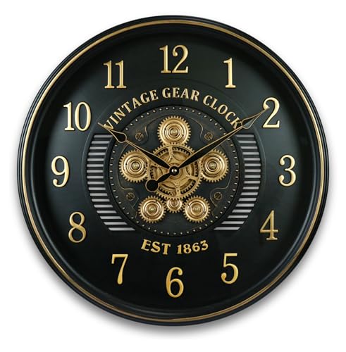 Image of STAR WORK Vintage Gear Wall Clock Industrial Rustic Farmhouse Classic Style Mechanical Charm Perfect for Living Room Bedroom Office or Entryway Decor (Black -20 INCH)