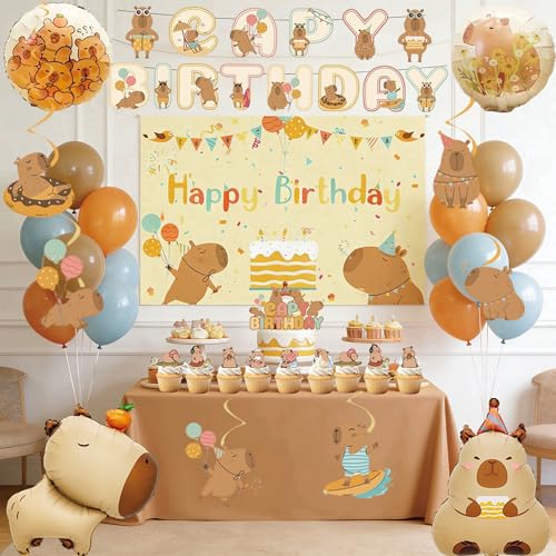 Tyotrbs Capybara Birthday Party Decorations -Balloons Garland Kit, Capybara Backdrop, Capy Birthday Banner, Tablecloth, Foil Balloons, Capybara Cake and Cupcake Toppers (Brown)