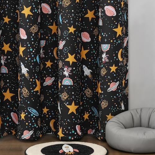 Image of Star Moon Black Out Curtains 90 Inch Long for Kids Bedroom /Nursery,52Wx90L | Estelar Textiler Grommet Thermal Insulated Room Darkening Drapes,Unicorn Planet Window Curtains for Boys Room,Pack of 2