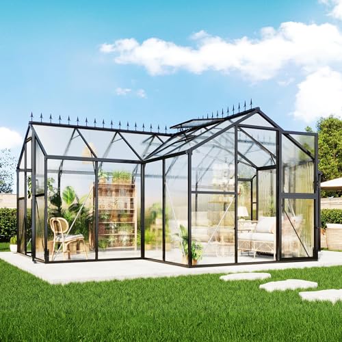 AMERLIFE 16.8 x 12 x 7 FT Outdoor Walk-in Greenhouse, Quick-Lock Assembly, Aluminum Frame with 2 Roof Vents, Double Doors & T-Shaped Design for Backyard/Garden, Black