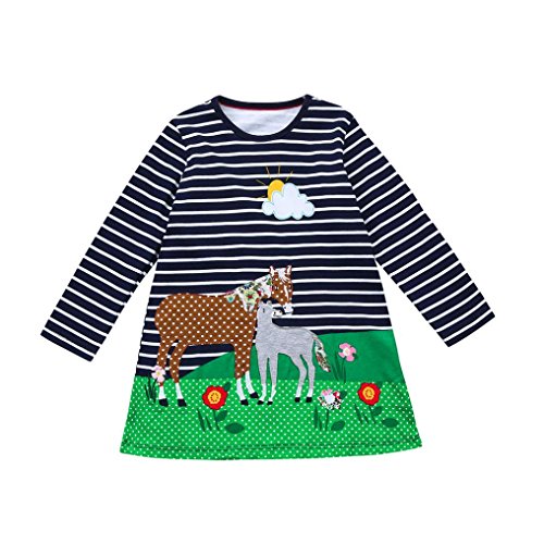 Kehen Kids Toddler Baby Girl Spring Clothes Horse Print Embroidery Princess Party Dress Striped Casual Playwear Dresses (Navy, 2T)