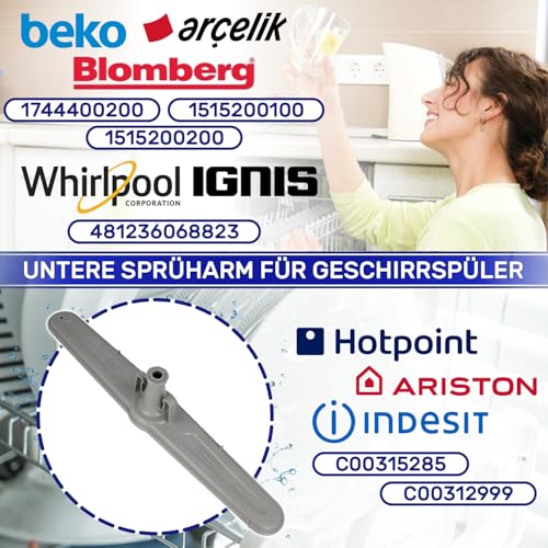 Geschirrspüler Sprüharm Unten mit dem Originalcode 1515200100 1515200200 für Beko für Blomberg C00312999 für Indesit 481236068823 für Whirlpool – Garantie 10 Jahre - MONTERAL
