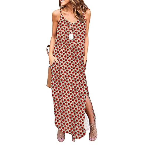 HUSKARY Women's Summer Casual Sleeveless V Neck Strappy Split Loose Dress Beach Cover Up Long Cami Maxi Dresses with Pocket
