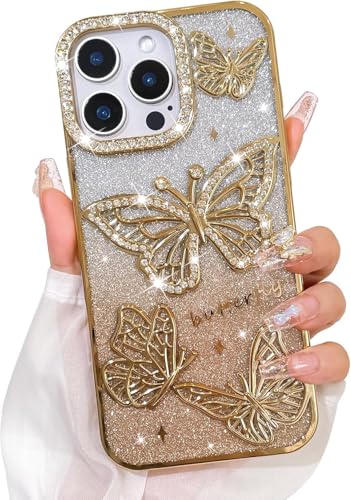 Image of Elzzi Electroplated Butterfly Phone Cover for iPhone 16 Pro Case, Showcasing Pearlescent Diamond Soft TPU, Camera Protection, Shockproof, Dropresistant Stylish for Girls & Women (Gold)