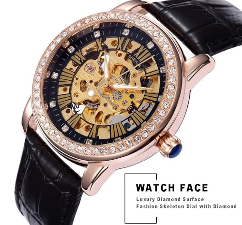 Mastop SH9592 Women Rhinestone Skeleton Watch Stainless Steel Automatic Mechanical Wristwatch Leather Strap thumb #4