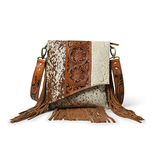 ADYAN Western Brown Hand-Tooled Genuine Leather Cross Body Bag for Women | Handcrafted Floral Tooled Purse With Suede Fringes and Adjustable and Detachable Strap