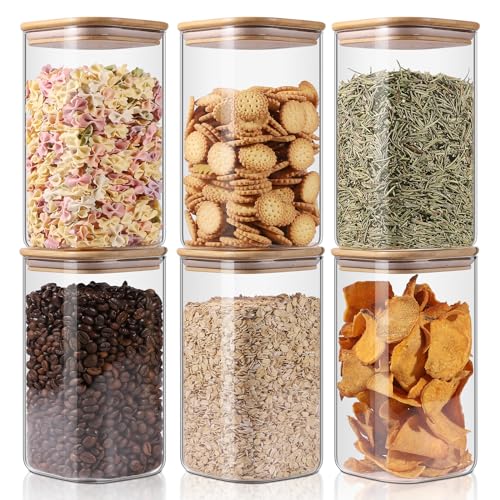 Glass Storage Jars 6 Pack -50oz (10cmx20cm)Clear Glass Food Storage Containers with Airtight Bamboo Lid Stackable Kitchen Canisters for Candy,Cookie,Rice,Sugar,Flour,Pasta,Nuts and Spice Jars(Square)