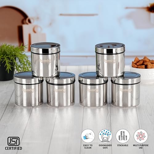 Image of Sumeet ISI Certified Stainless Steel Air Tight Storage Container /Jar /Canister /Dabba with Threading Screw Cap for Kitchen - Pack of 6Pc, 8.3cm, 350ml, Silver