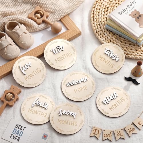 Image of 7 Pack Baby Monthly Milestone Signs, Double Sided Baby Milestone Signs Wooden Baby Announcement Sign for 1-12 Months Baby Milestone Pictures