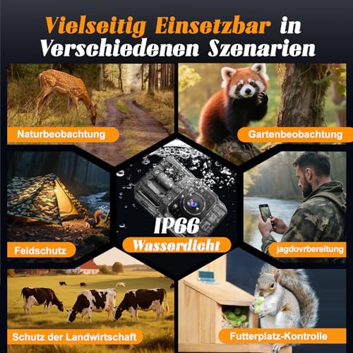 MAXDONE Wildkamera mit Handyübertragung APP - Wildtierkamera 4K 64MP HD mit WLAN Bluetooth Bewegungsmelder Nachtsicht, Wildkamera mit 6000mAh Akku, 0,1s Auslösezeit, 32GB Speicherkarte IP66