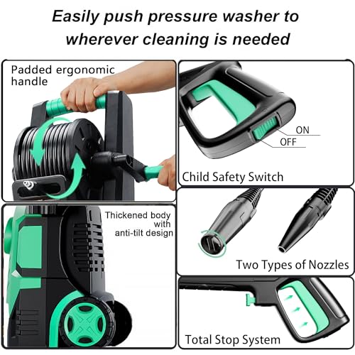 High Pressure Washers w/ 8 Level Touch Screen 100-200bar, Flow Rate: 280-500l/h, Coverage: max. 60㎡/h, Foam Cannon and Adjustable 6-in-1 Nozzles, Jet Washer Power Washers for Patio/Car/Home Cleaning - Image 5