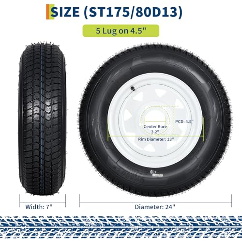 Image of GarveeTech ST175 /80D13 Trailer Tire and Wheel Assembly, 5 Lug, Set of 2 | Heavy-Duty Load Range C 6PR, White Spoke Wheel, 13 Inch Tires for Utility /Boat /Camper Trailers,