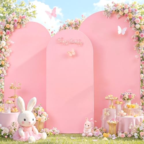 Image of Baby Pink Arch Backdrop Cover Set of 3 (7.2ft, 6.6ft, 6ft), Double-Sided Spandex Chiara Arch Frame Covers, Wrinkle-Free Fabric for Girl Baby Shower Princess Birthday Party (No Stand)
