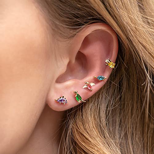 4Pairs Cute Dinosaur Stud Earrings colorful Cubic Zirconia Tiny Animal Earrings Necklace Set for Women-4 Pairs Zirconia A3