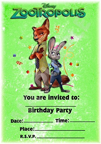 A5 KIDS CHILDRENS PARTY INVITATIONS X 12 - ZOOTROPOLIS PORTRAIT DESIGN (WITHOUT Envelopes)