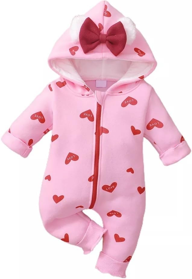 BRANDONN Kids Baby Cotton Fleece Jumpsuit Romper Onesie Sleep Suit Hooded Semi Winter Zipper (Pink & Red, 12-18 Months)