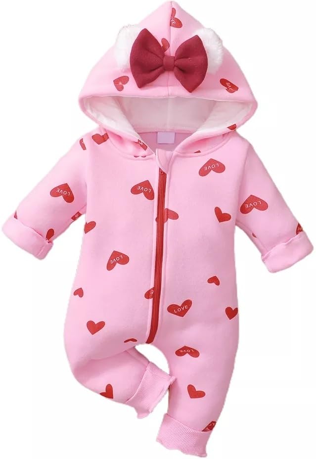 BRANDONNBRANDONN Kids Baby Cotton Fleece Jumpsuit Romper Onesie Sleep Suit Hooded Semi Winter Zipper (Pink & Red, 12-18 Months)
