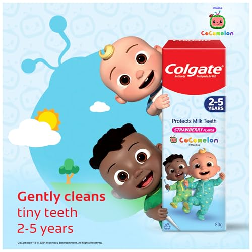 Image of Colgate Kids Cocomelon Toothpaste for 2-5 Years - 80gm, 50% Lesser Abrasive Tooth Paste Formula for Cavity Protection of Milk Teeth (Strawberry Flavour) (Pack of 2)